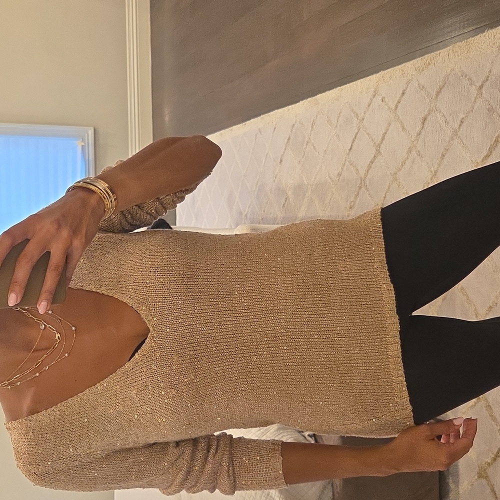 WOMEN'S ZARA SEQUIN BEIGE GOLD KNIT TOP BLOUSE SWEATER HIGH LOW SZ MEDIUM $80